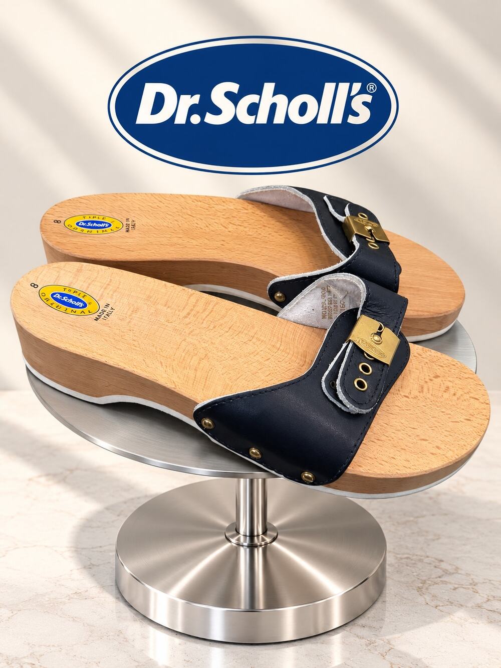 Dr. Scholl’s The Original Exercise Sandals Navy Leather Wood Clogs Sz 8